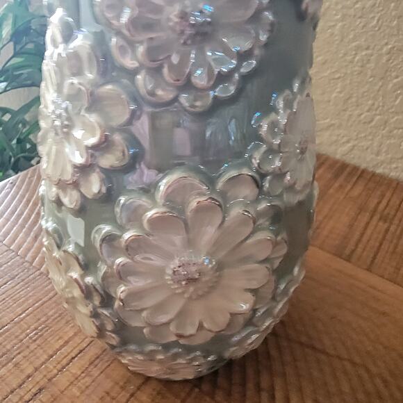 Vintage Ceramic Vase Aqua Glaze with White Raised Floral Design 8.25 Inch Tall - Picture 5 of 10